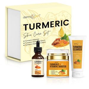DERMAXGEN 3-piece Turmeric Premium Set featuring organic facial cleanser, serum, and moisturizing cream for a radiant complexion.