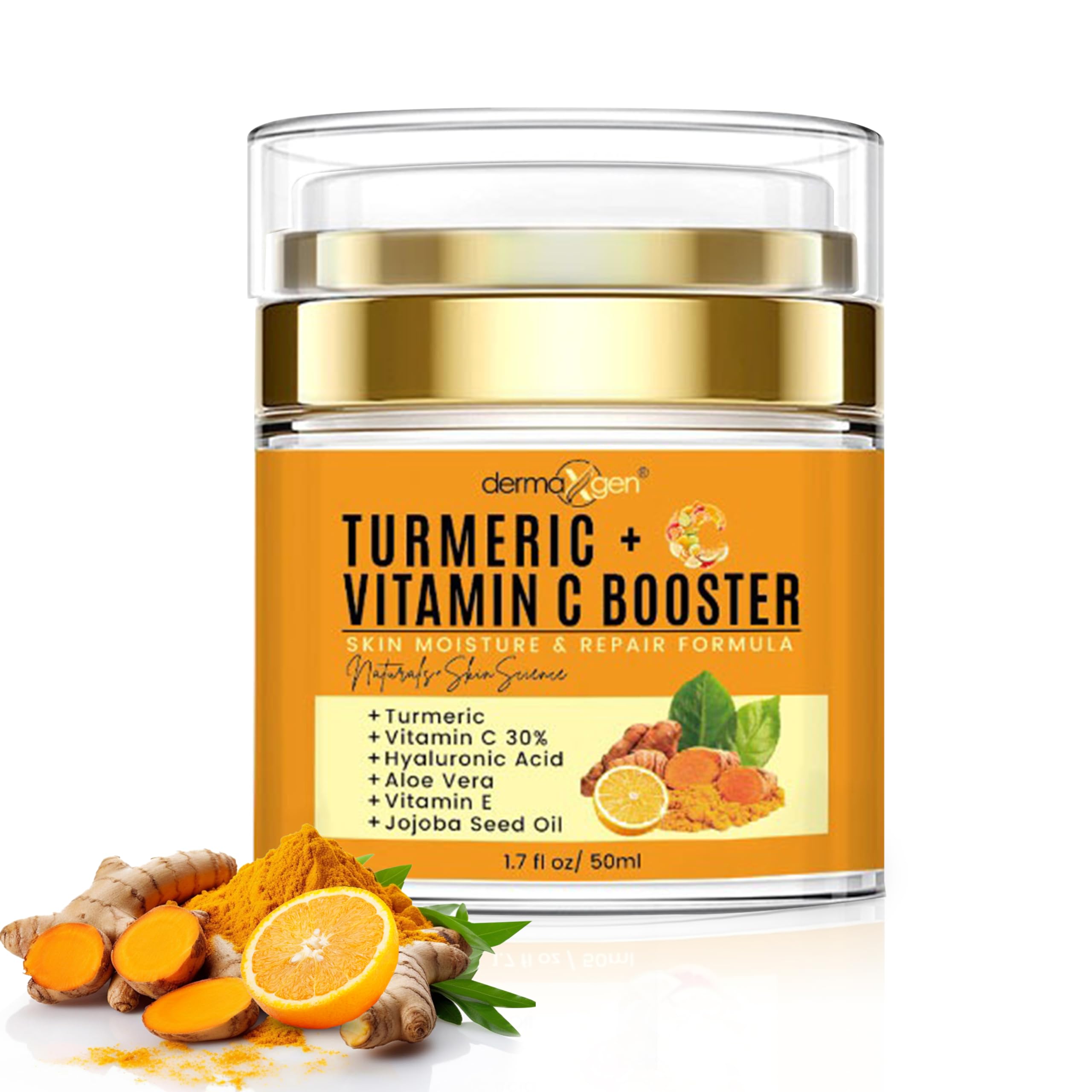 1.7 fl. oz jar of Dermaxgen Turmeric Face Cream with 30% Vitamin C for brightening, anti-aging, and skin repair.