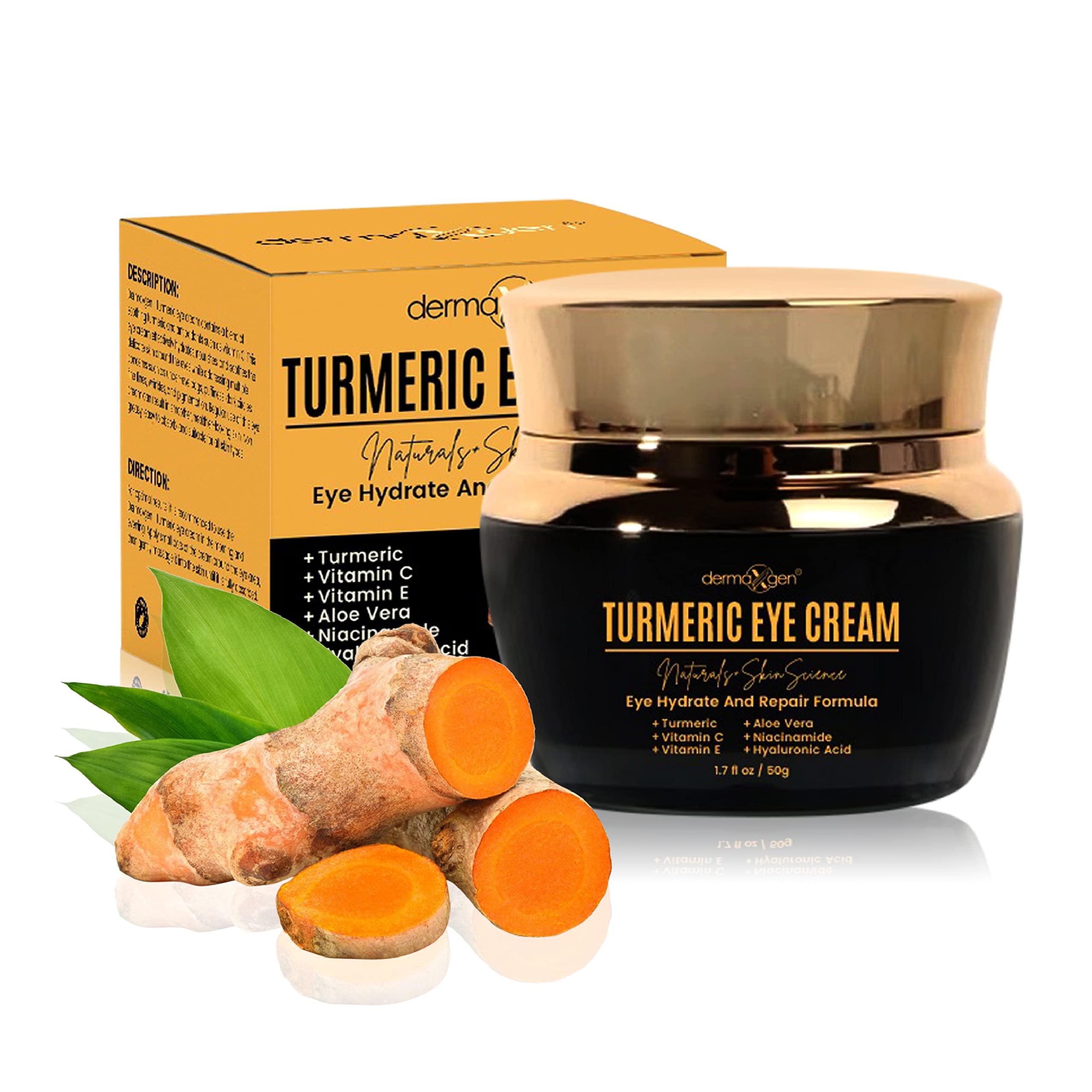 Dermaxgen Vitamin C and Turmeric eye cream jar for reducing dark circles, puffiness, and fine lines under eyes.