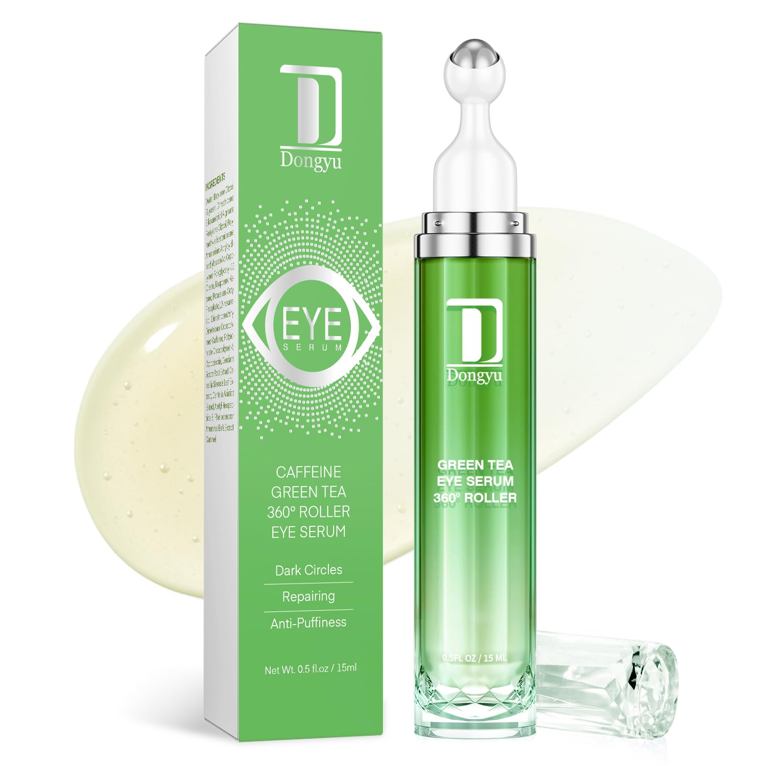 Dongyu Caffeine and Green Tea Eye Cream jar for morning and night eye treatment.