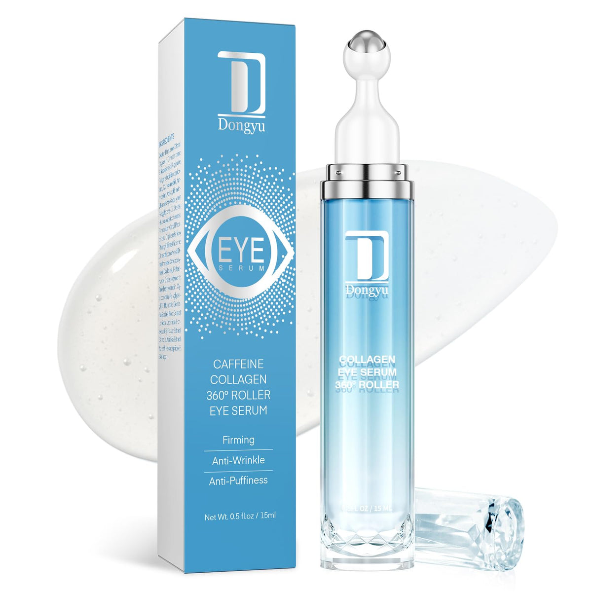 Light blue tube of Dongyu Caffeine Under Eye Cream, an anti-aging and firming collagen treatment for puffy eyes.