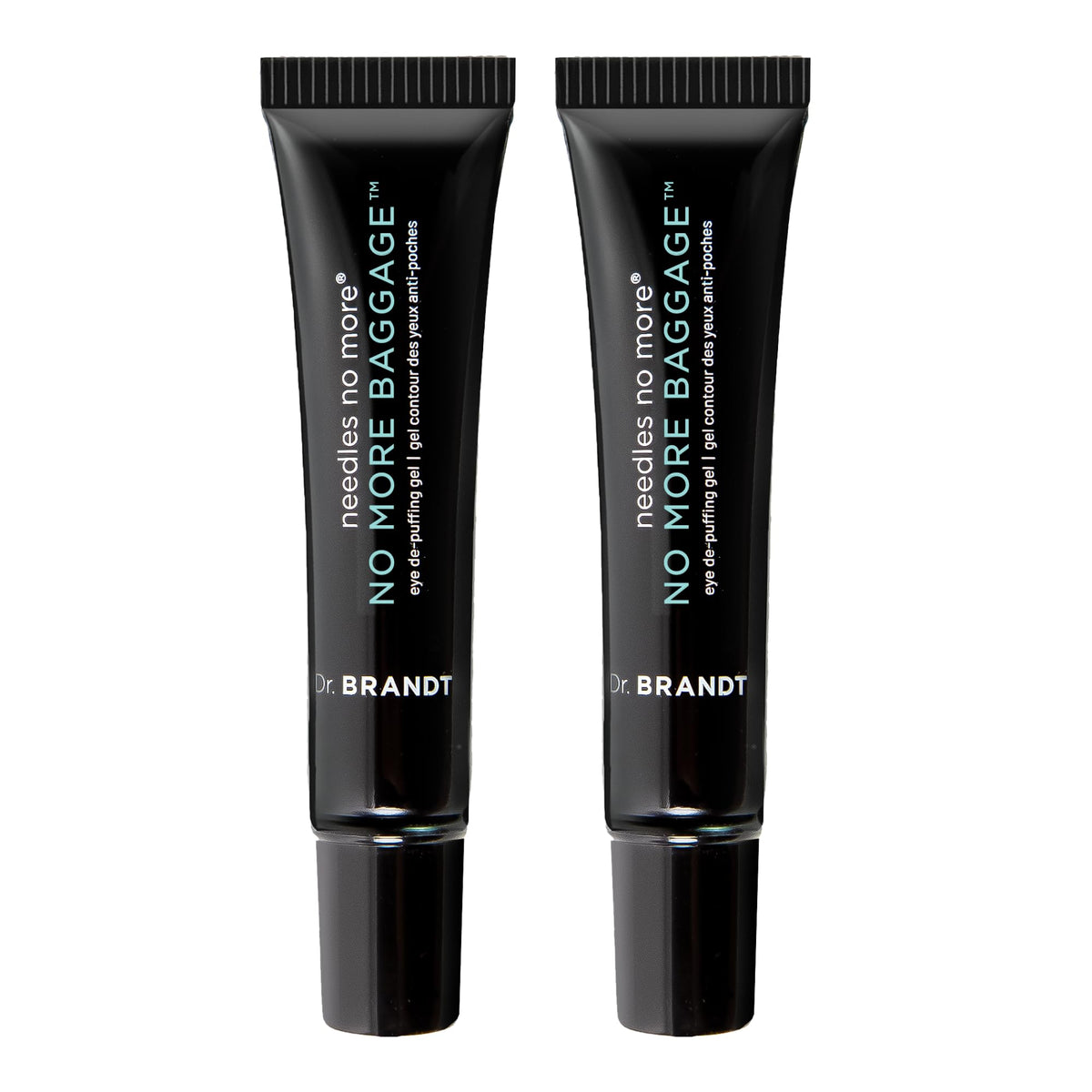 Two 0.23 oz travel-size tubes of Dr. Brandt Needles No More, No More Baggage for instant eye bag reduction.