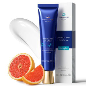 EXPRESSIONS WELLNESS Anti-Aging Eye Cream gold tube for firming wrinkles and brightening dark circles under eyes.