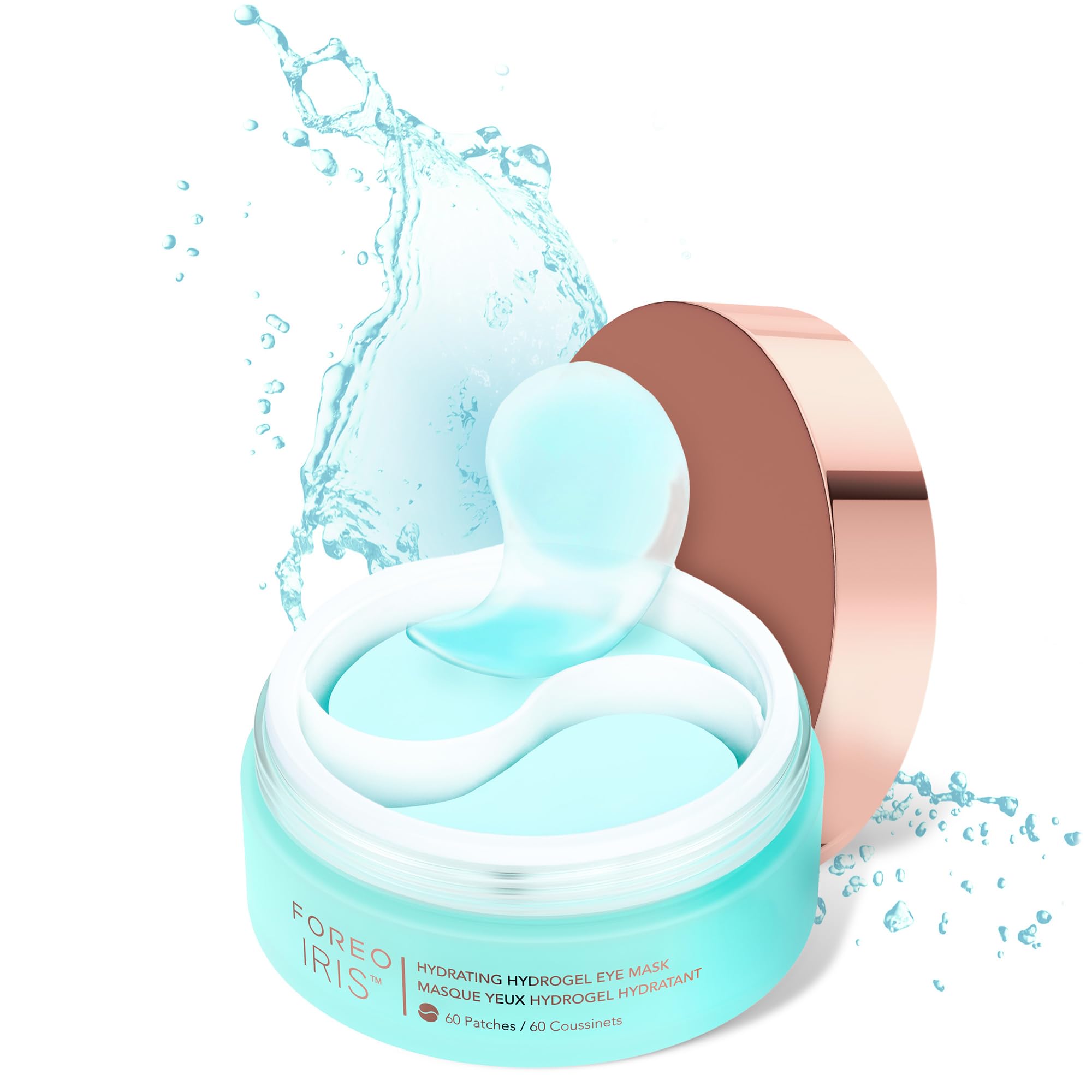 FOREO IRIS Hydrating Hydrogel Eye Masks in a stylish jar, featuring 60 sea-blue cooling patches for eye rejuvenation.