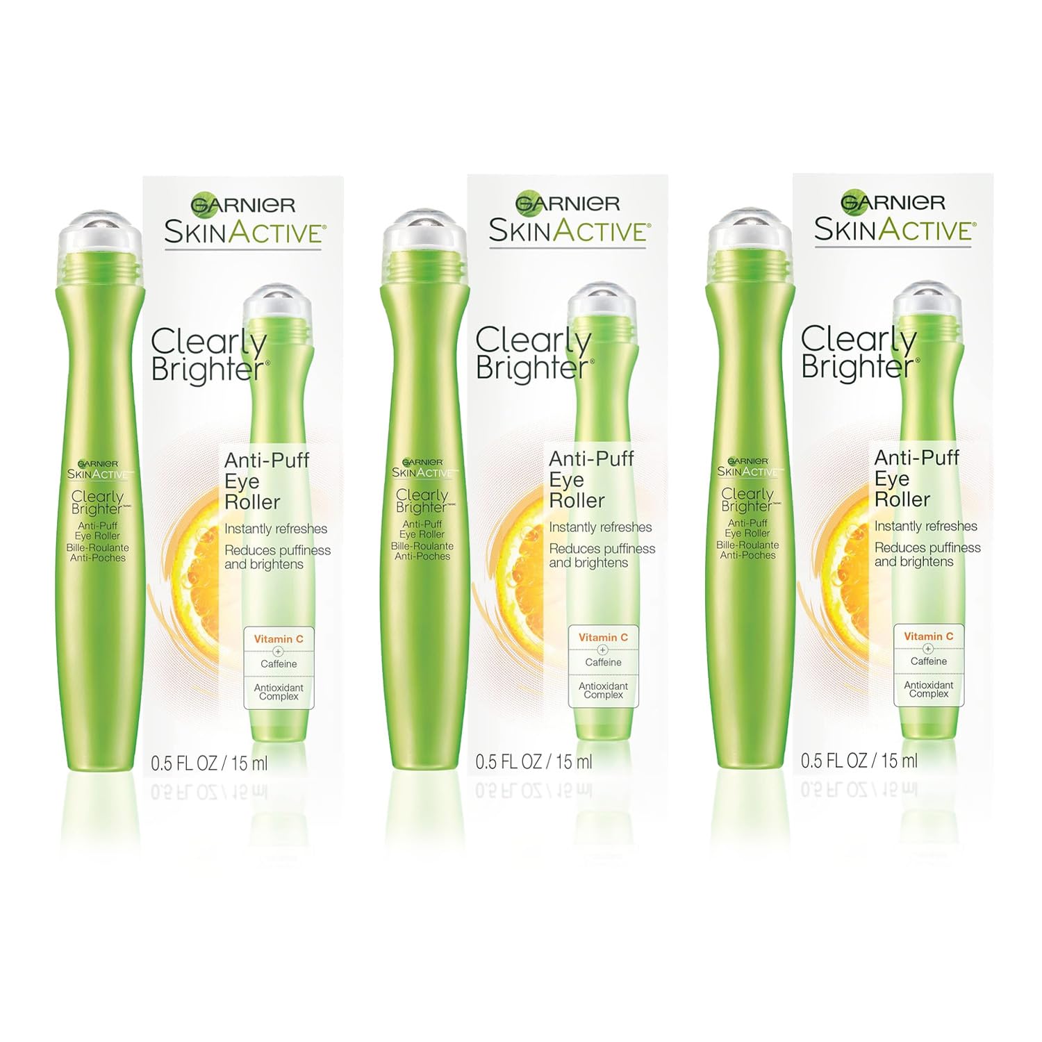Pack of 3 Garnier Clearly Brighter Anti-Puff Eye Rollers 0.5 fl oz each - Cooling Caffeine and Vitamin C Treatment