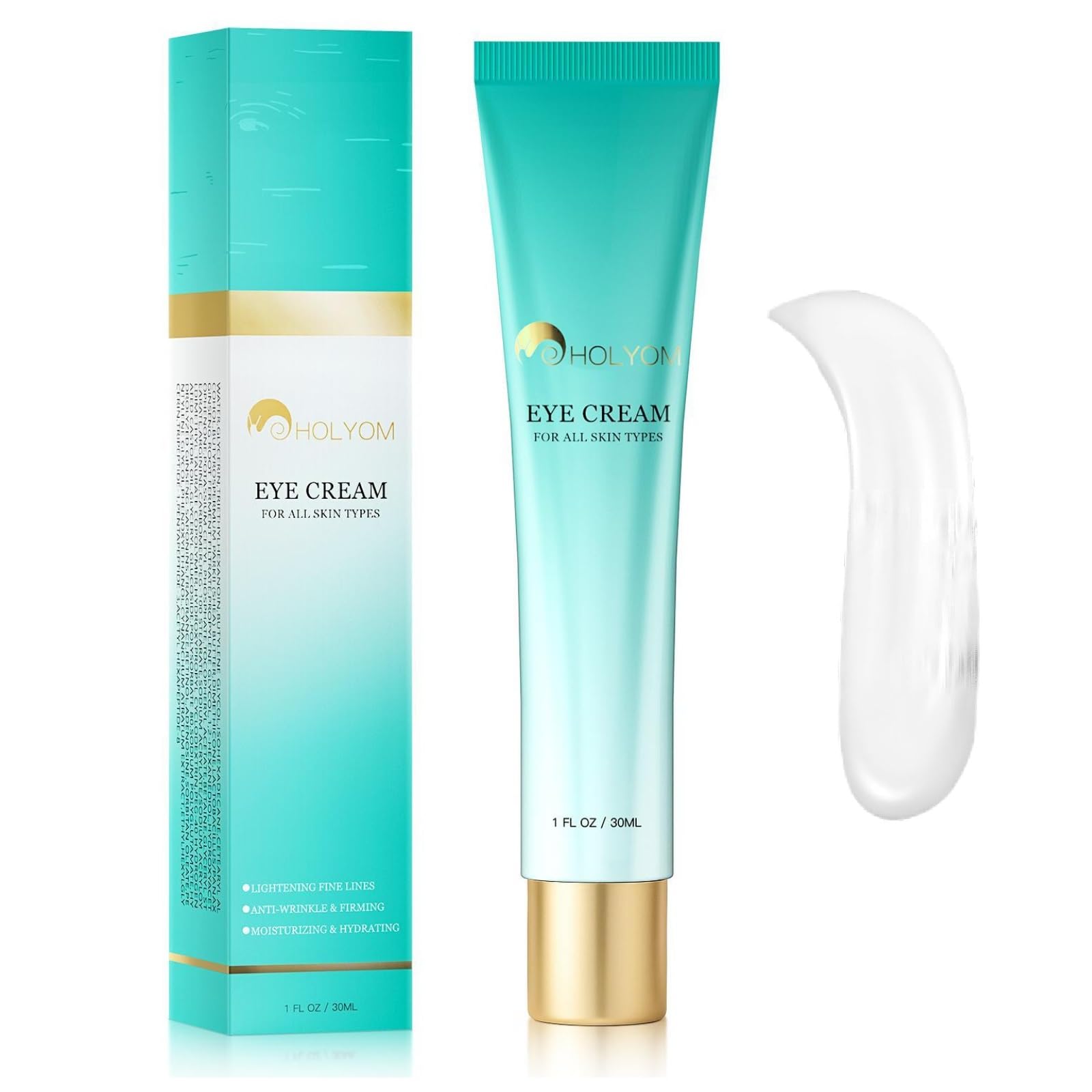 HOLYOM Advanced Eye Cream 1oz bottle, highlighting the instant wrinkle filler and tightening effect for under-eye bags.