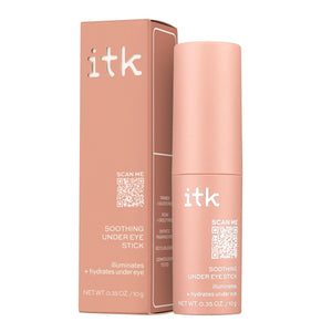 ITK Skincare Caffeine + Aloe Vera Under Eye Stick balm, showing the green twist-up applicator designed for soothing puffy eyes and hydrating fine lines.