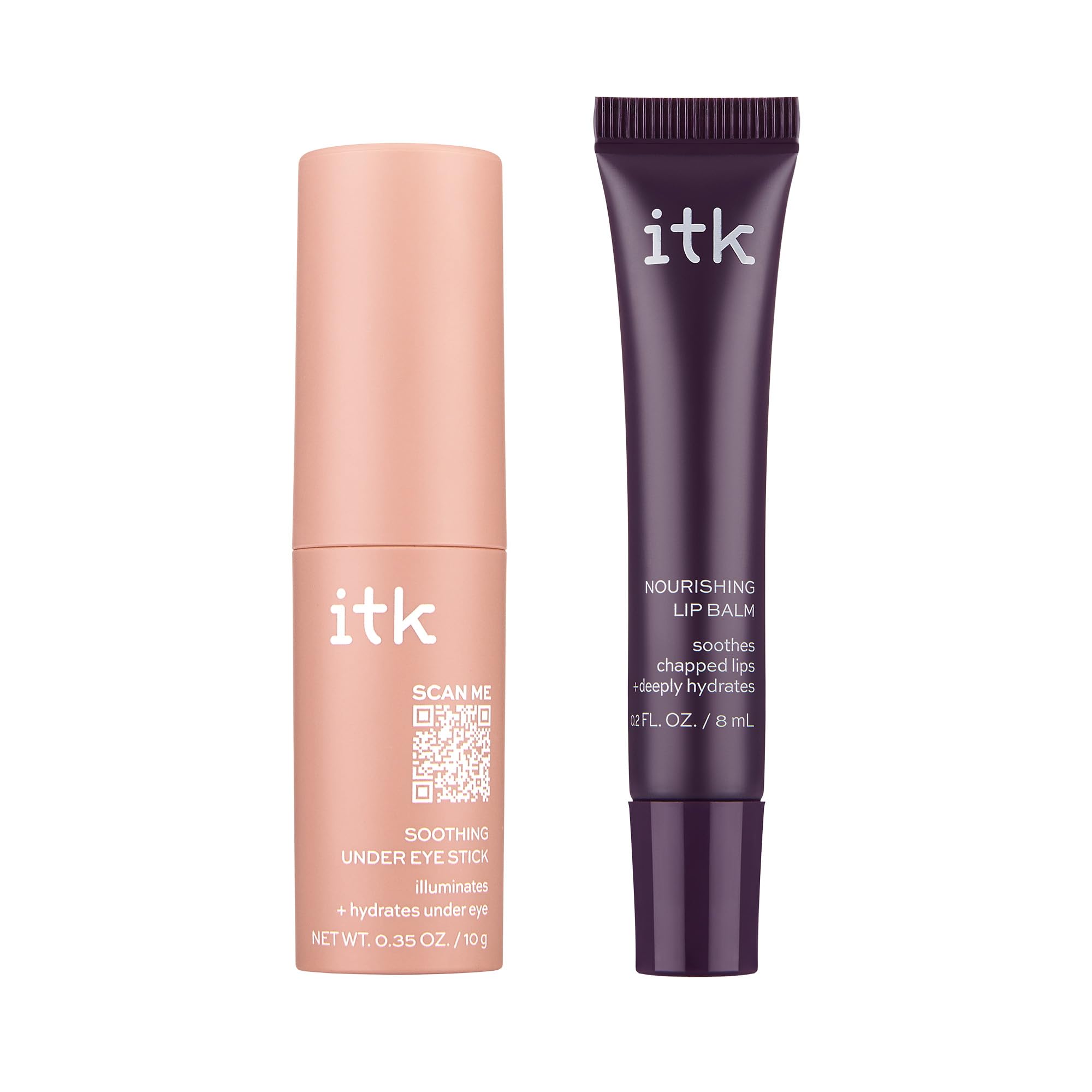 ITK Skincare Gift Set including a green Aloe Vera Under Eye Stick and a Shea Butter Lip Balm in a travel-friendly duo pack.