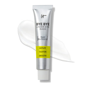 IT Cosmetics Bye Bye Under Eye Bags treatment tube, showing its transparent formula for smoothing and reducing the appearance of eye bags.