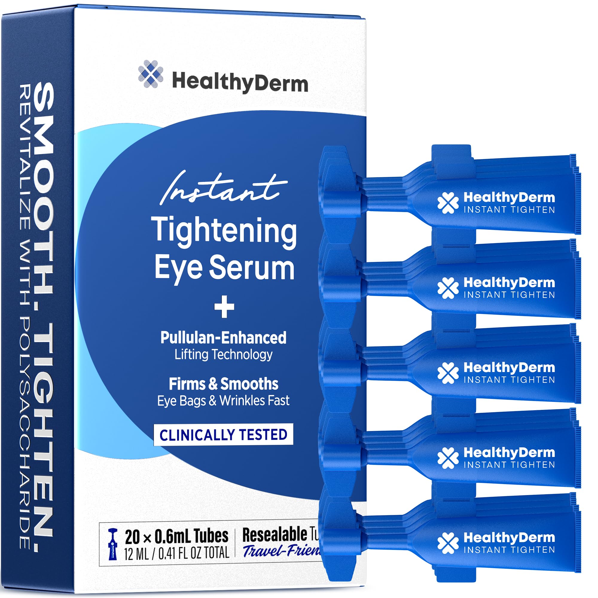 Pack of 20 resealable tubes of Instant Under Eye Lift Serum, showing the application for immediate reduction of eye bags and wrinkles.