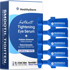 Pack of 20 resealable tubes of Instant Under Eye Lift Serum, showing the application for immediate reduction of eye bags and wrinkles.