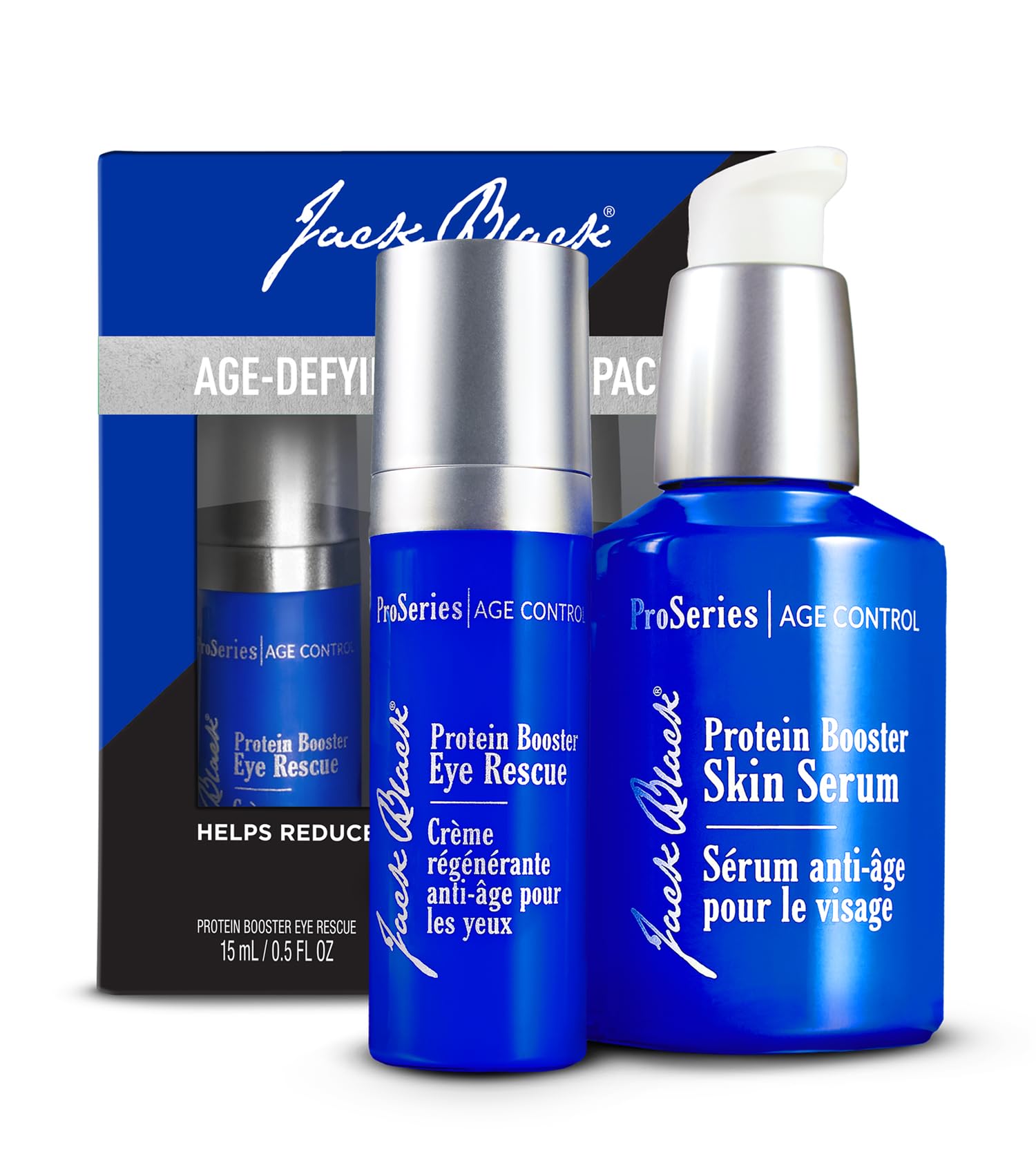 Jack Black 2-piece Age-Defying Booster Pack featuring the Protein Booster Skin Serum and Protein Booster Eye Rescue for men.