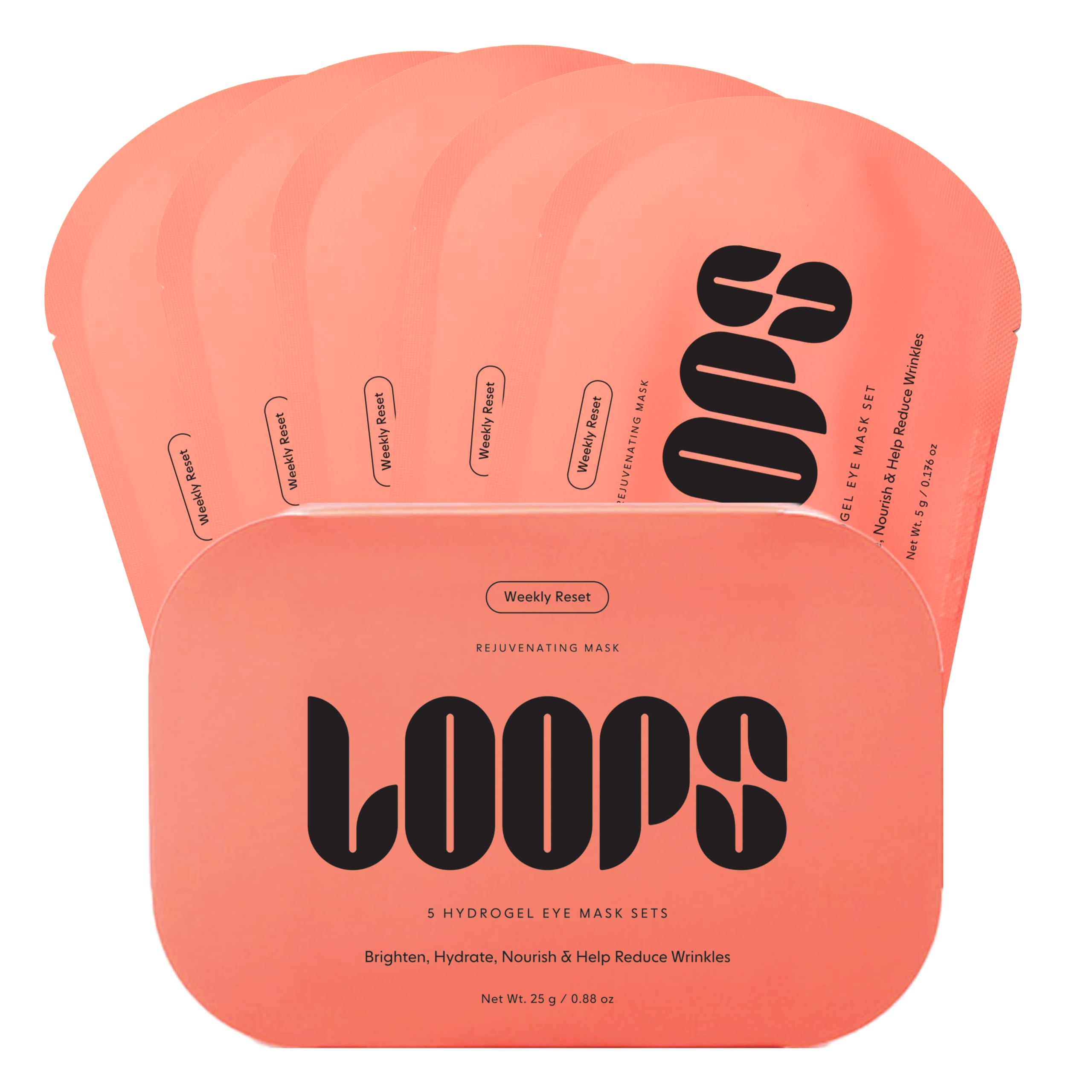 LOOPS Weekly Reset Eye Hydrogel Mask kit, featuring 5 pairs of textured rejuvenating patches for a refreshed and youthful under-eye look.