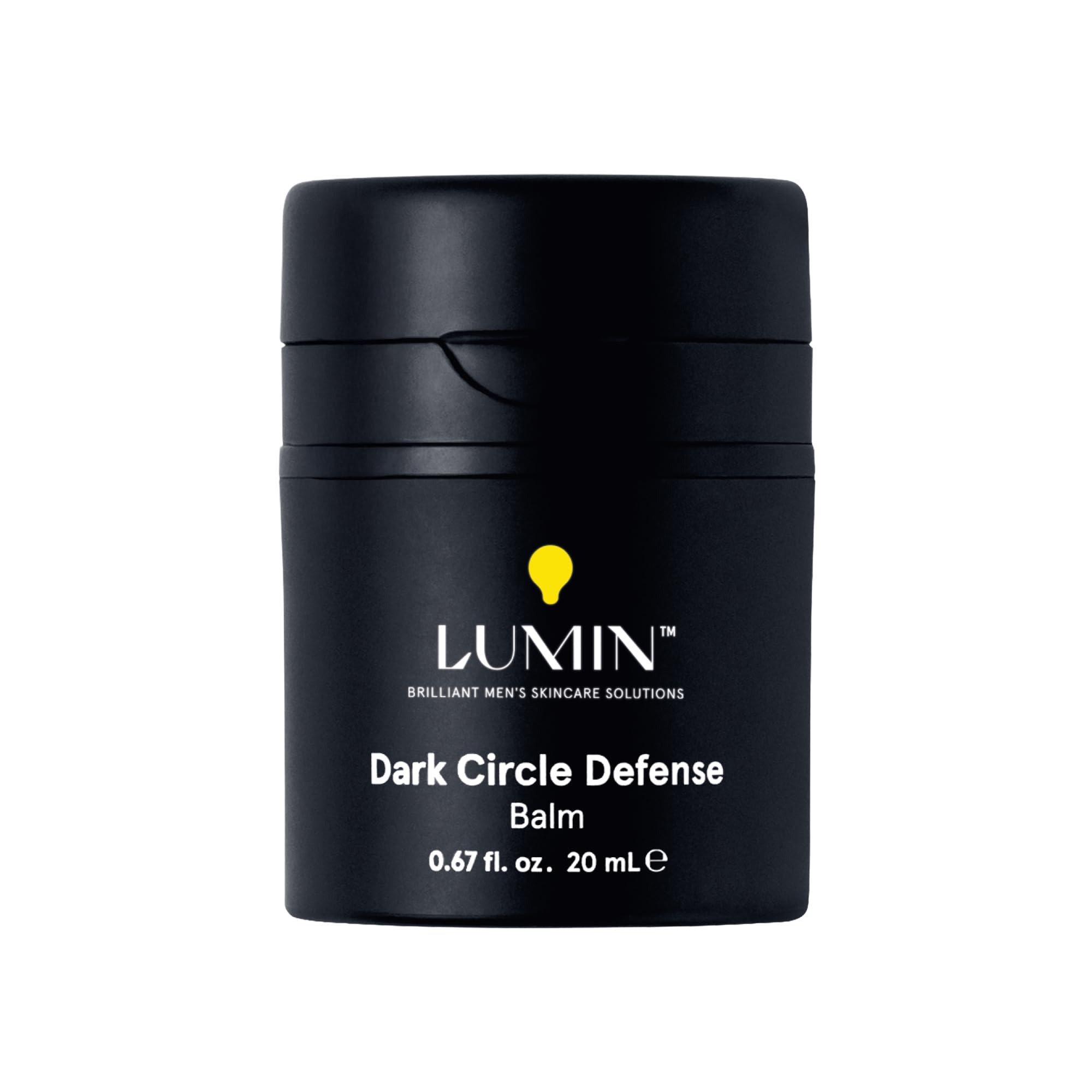 Lumin Men’s Dark Circle Defense Balm jar – a premium grey container of hydrating eye cream for men's grooming.