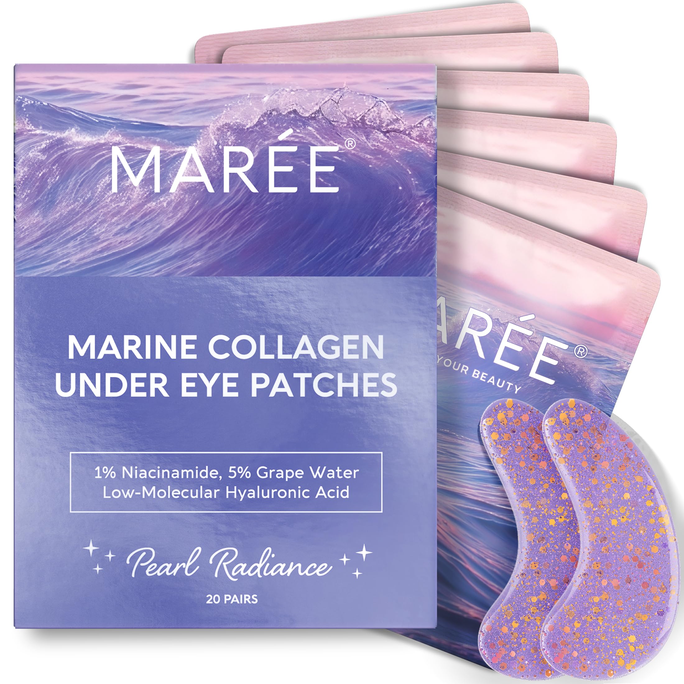 MAREE Violet Eye Gels marine collagen patches for puffy eyes and hydration.