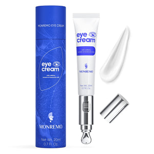 MONREMO Caffeine Eye Cream with an innovative vibrating metal tip applicator for reducing eye puffiness and dark circles.