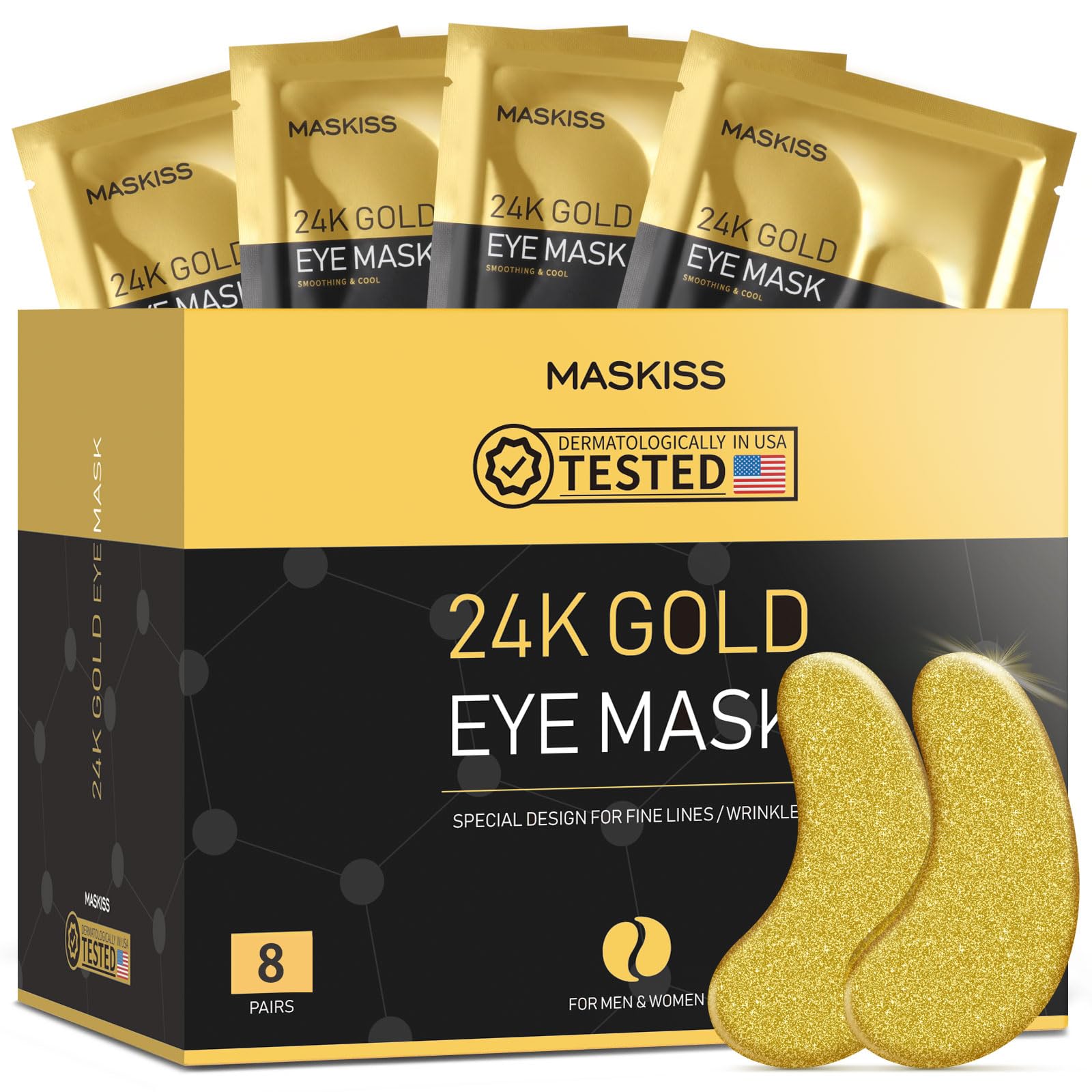 Maskiss 8 Pairs 24k Gold Under Eye Patches - Compact Travel Sampler Pack for Brightening and De-puffing
