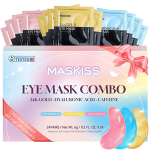 A colorful gift set of 24 pairs of Maskiss Vegan Under Eye Patches in 3 different colors for teen girls and women.