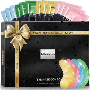 Box of 28 pairs of Maskiss Under Eye Patches in 4 vibrant colors, designed for dark circles and puffiness treatment.