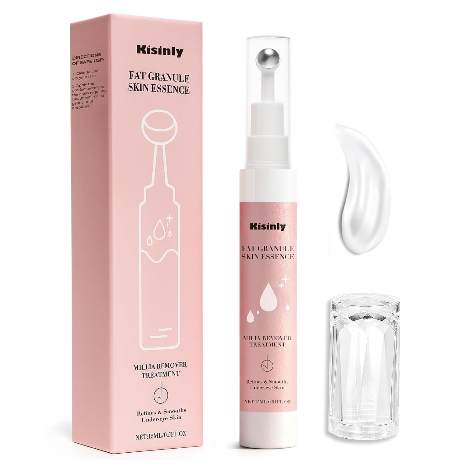 A bottle of Milia Spot Remover Treatment Serum, specifically designed to clear fat granules and white bumps on the face and eye area.