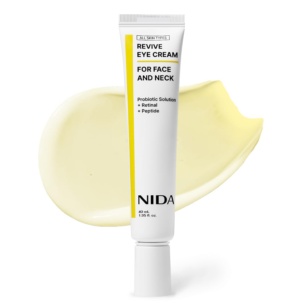 NIDA Revive Eye Cream for Face and Neck bottle, featuring a probiotic and retinal solution for radiant, firm skin.