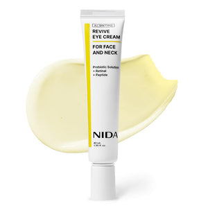 NIDA Revive Eye Cream for Face and Neck bottle, featuring a probiotic and retinal solution for radiant, firm skin.