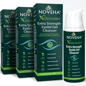 NOVEHA demodex extra strength eyelid gel cleanser with tea tree oil and hyaluronic acid for dry eye and eyelid hygiene 3 pack 50ml