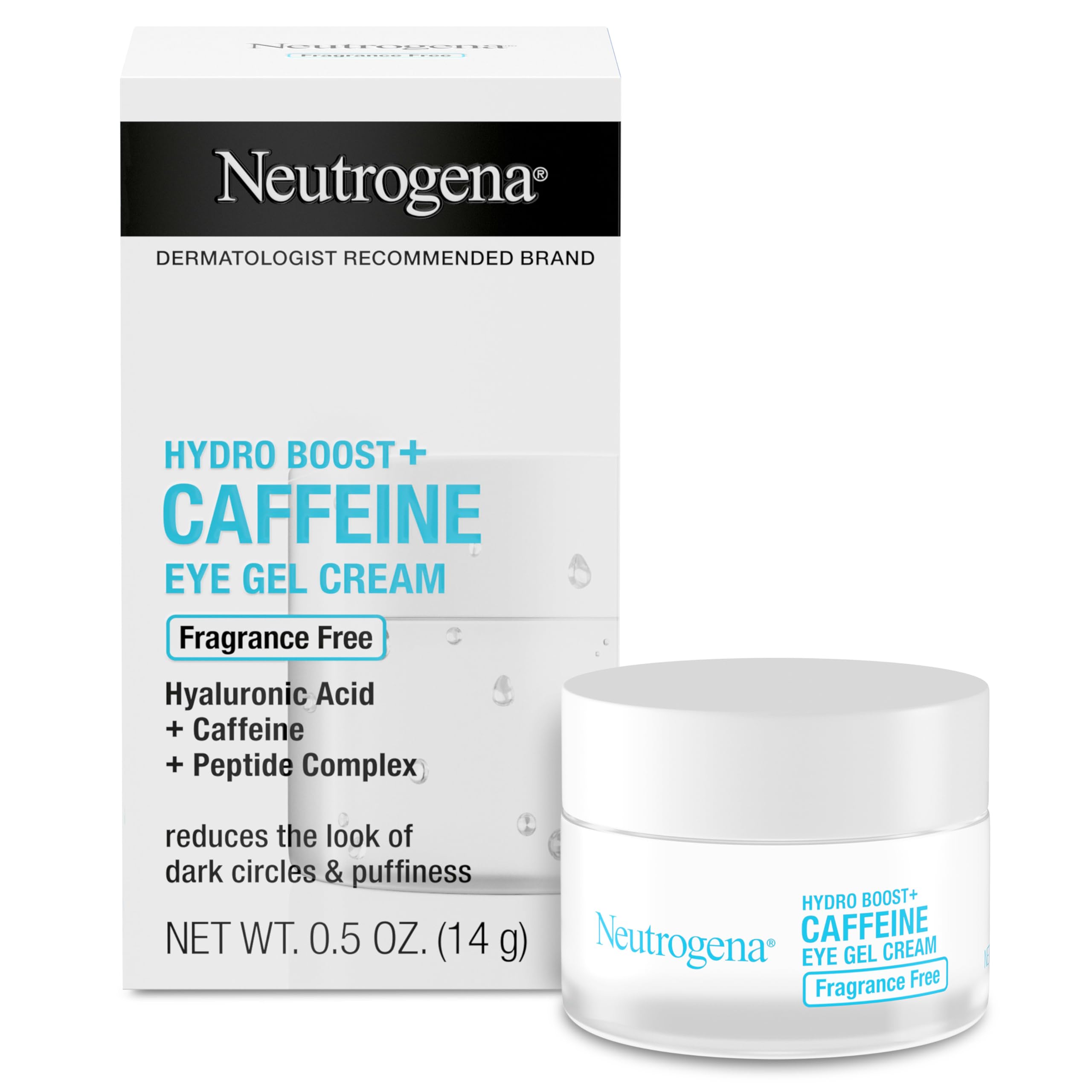 A 0.5 oz jar of Neutrogena Hydro Boost + Eye Cream, formulated with caffeine and peptides to target dark circles and under-eye bags.