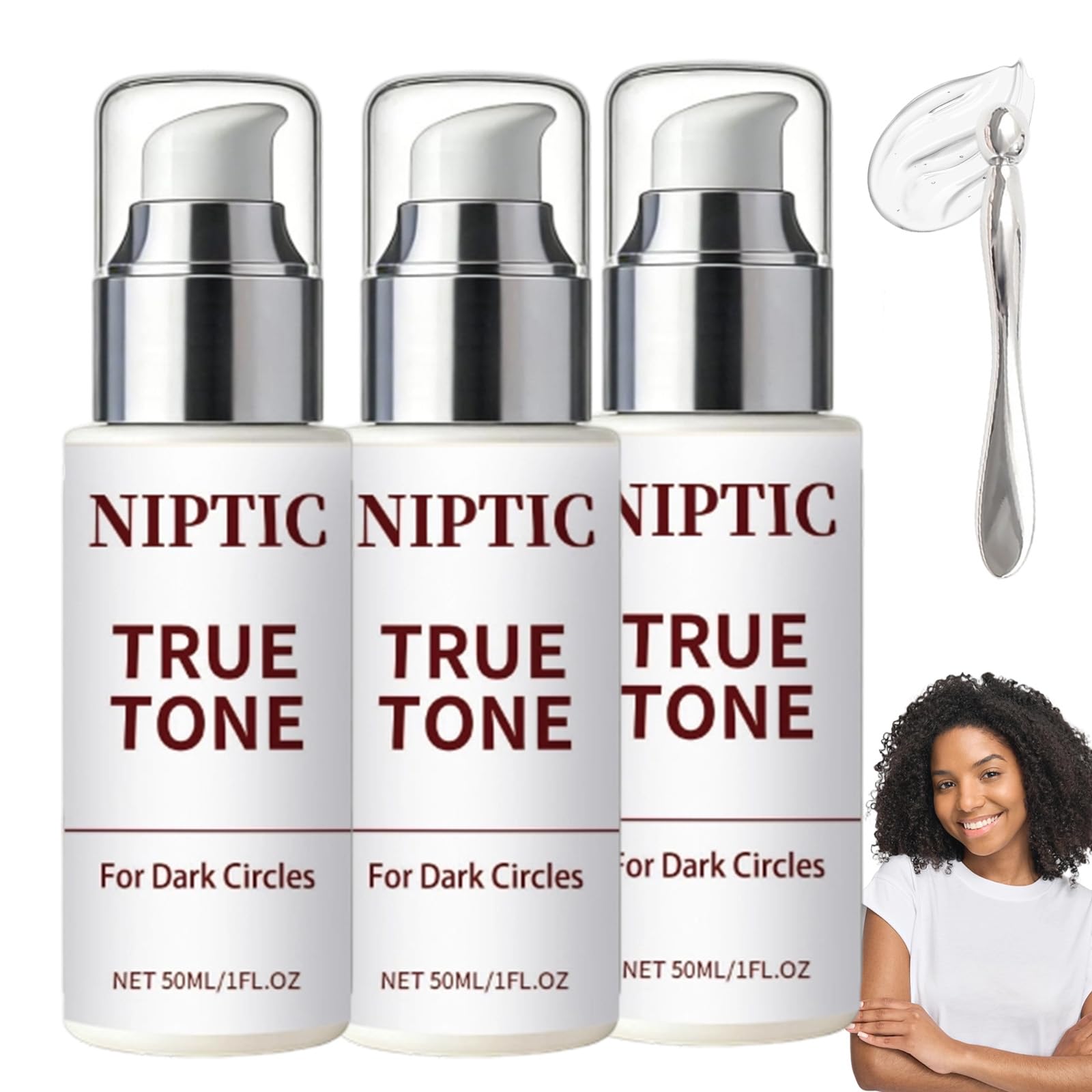 Set of 3 Niptic True Tone Eye Cream tubes, designed for reducing dark circles and repairing delicate eye skin.