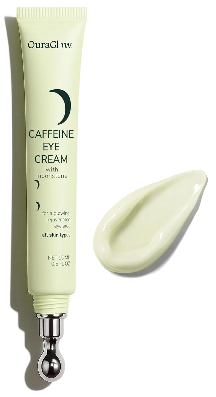 OURAGLOW Caffeine Eye Cream with a cooling tip applicator for reducing under-eye bags and dark circles.