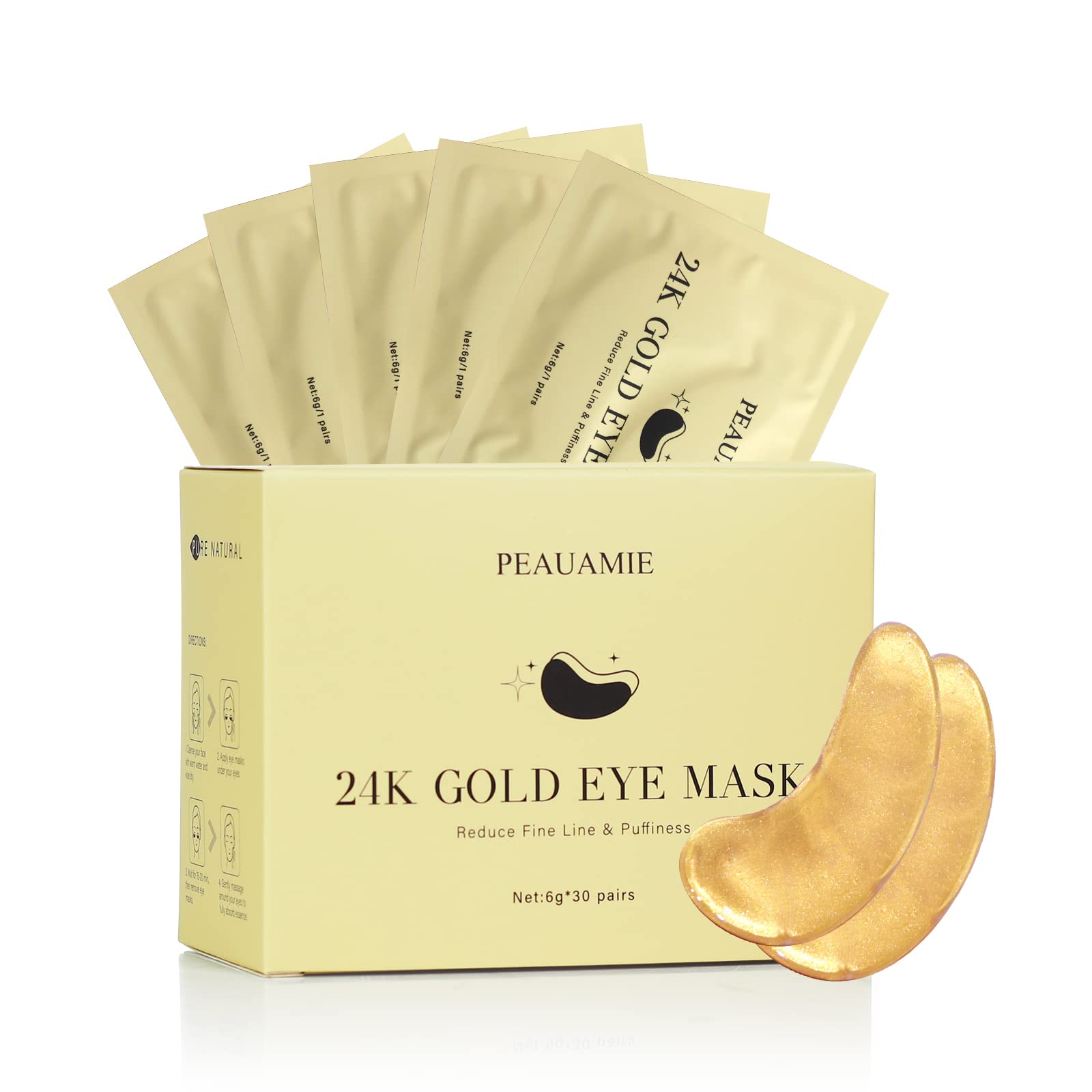PEAUAMIE 30 Pairs of 24K Gold and Hyaluronic Acid Under Eye Patches for professional brightening and firming.