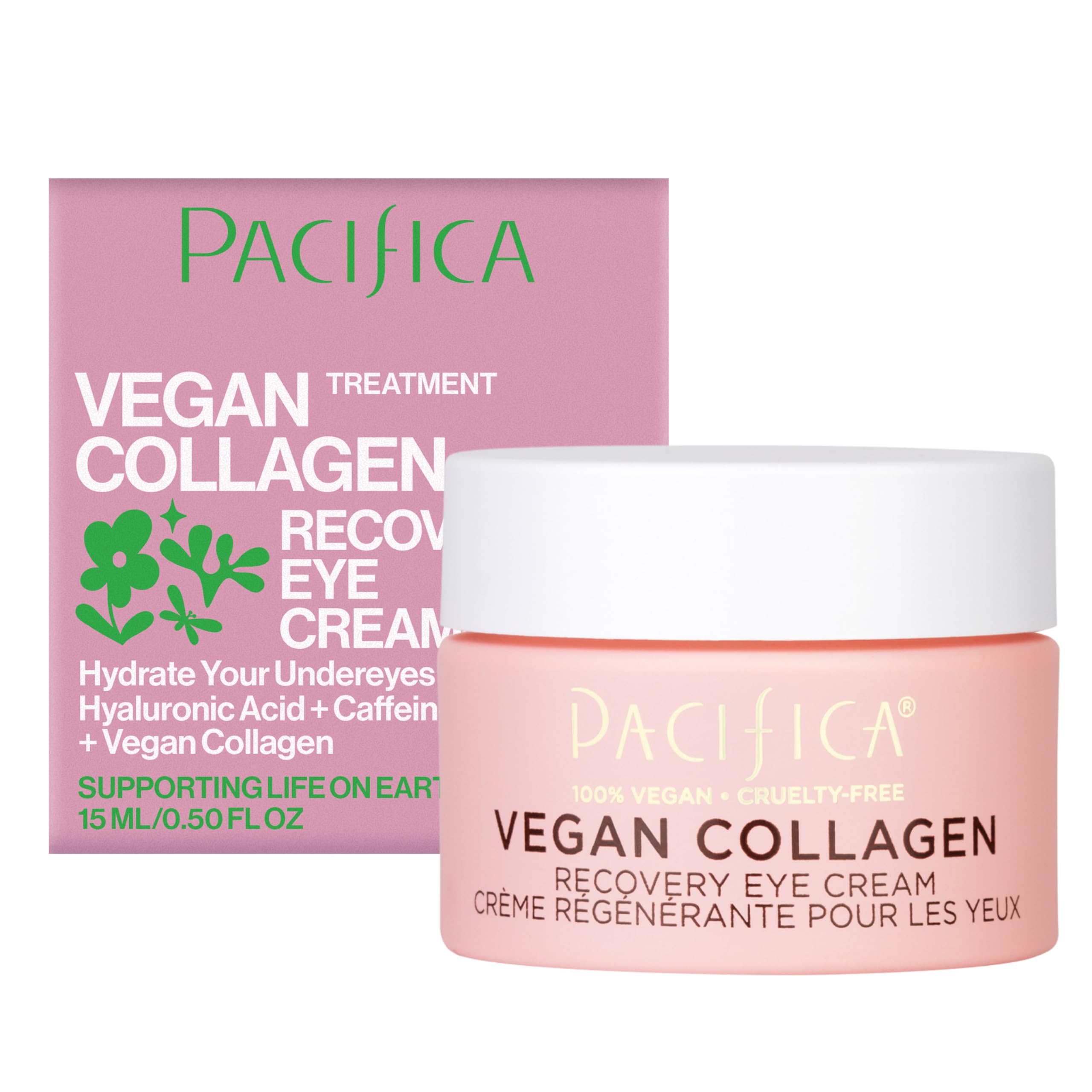 Pacifica Beauty 15ml tube of Vegan Collagen Overnight Recovery cream for eye and face, featuring hyaluronic acid and caffeine.