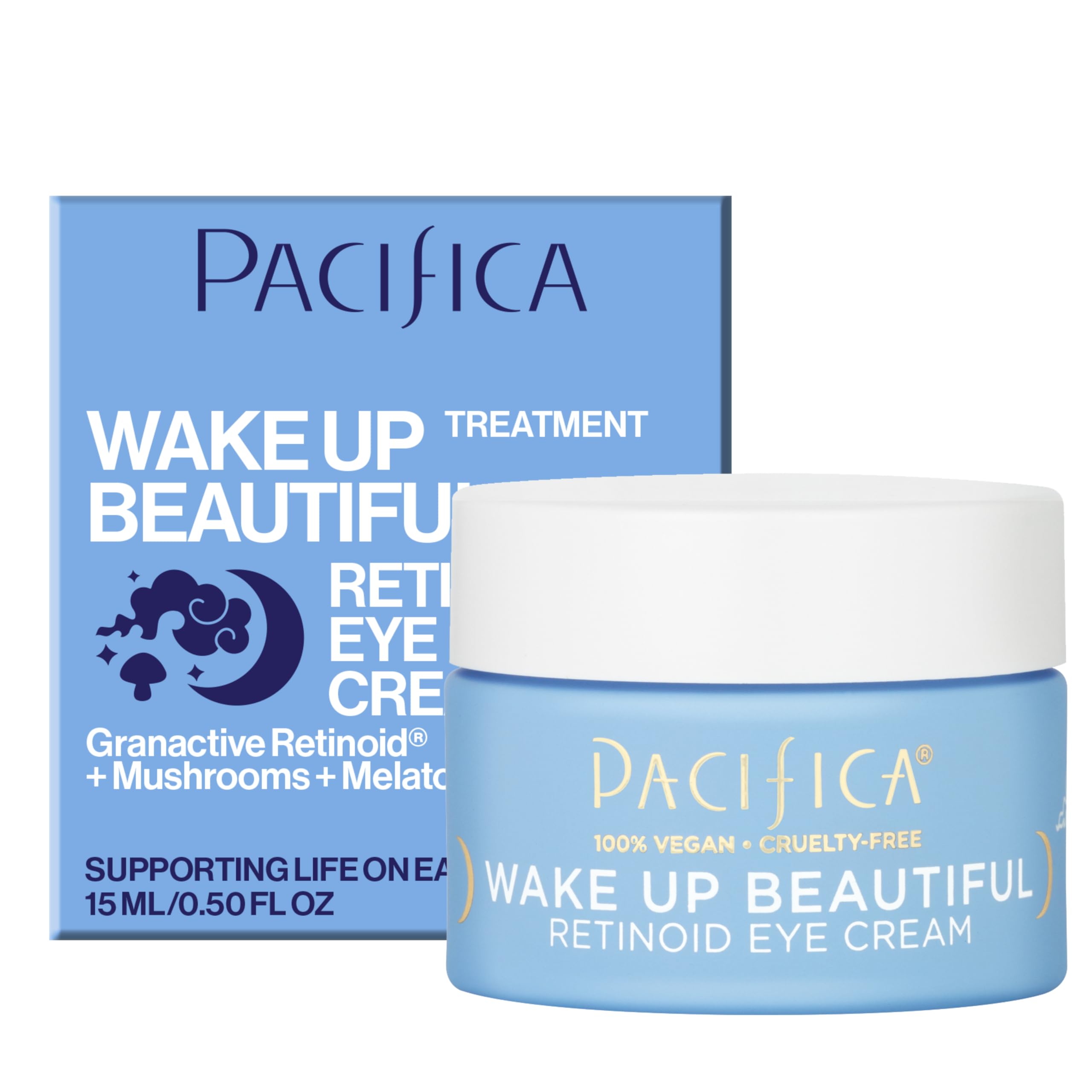 Pacifica Wake Up Beautiful Retinoid Eye Cream tube, a vegan night treatment for anti-aging and dark circles.