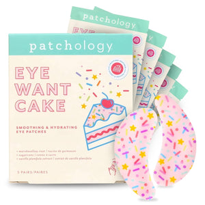 Patchology Eye Want Cake eye patches packaging, featuring 5 pairs of colorful, birthday cake-themed hydrogel under-eye masks.