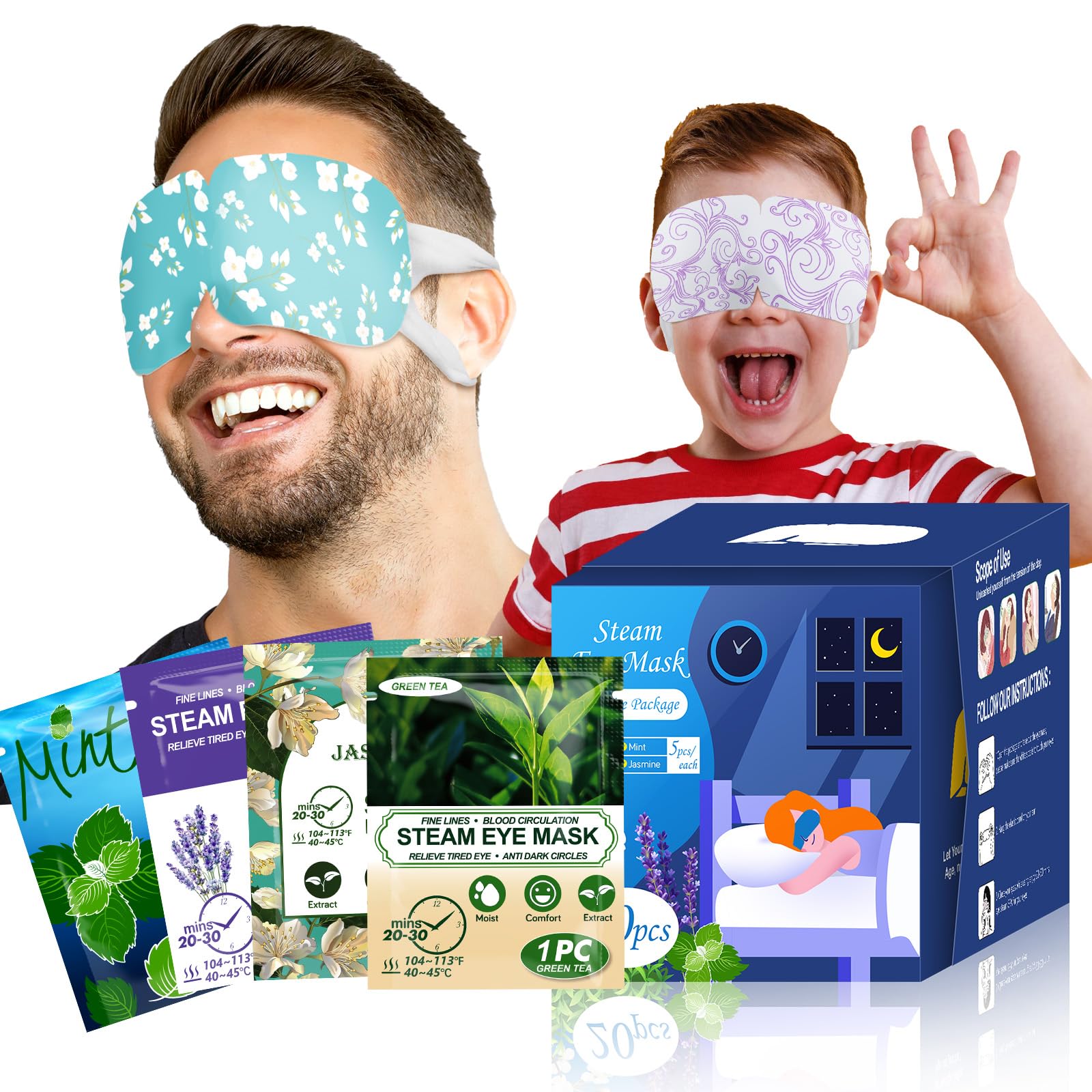 ProCIV 20-pack steam eye masks in 4 different flavors (Lavender, Rose, Chamomile, Grapefruit) for eye fatigue relief.