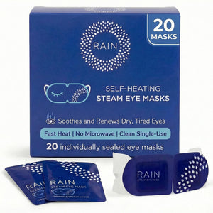 Box of 20 disposable Rain self-heating steam eye masks providing moist heat therapy for dry eye relief.