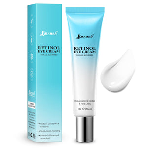 Retinol anti-aging eye cream bottle with Hyaluronic Acid and Caffeine for reducing wrinkles and dark circles.