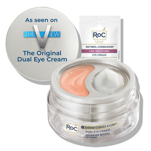 RoC Derm Correxion Dual Eye Cream jar showing two chambers for upper and lower eye treatment.