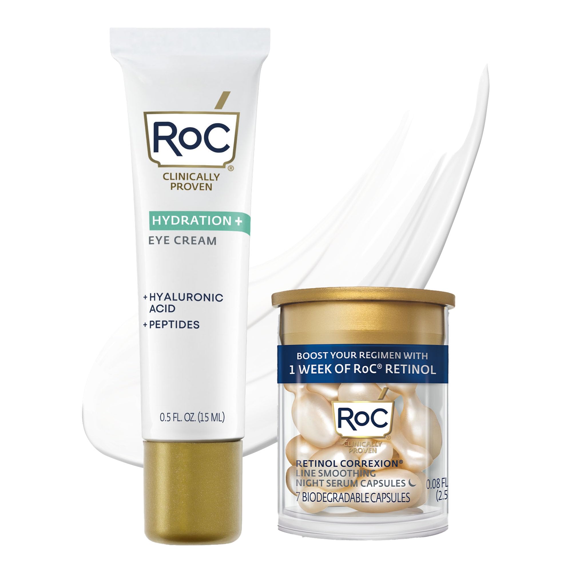 RoC Hyaluronic Acid Eye Cream and a 7-day supply of Retinol Night Serum Capsules.