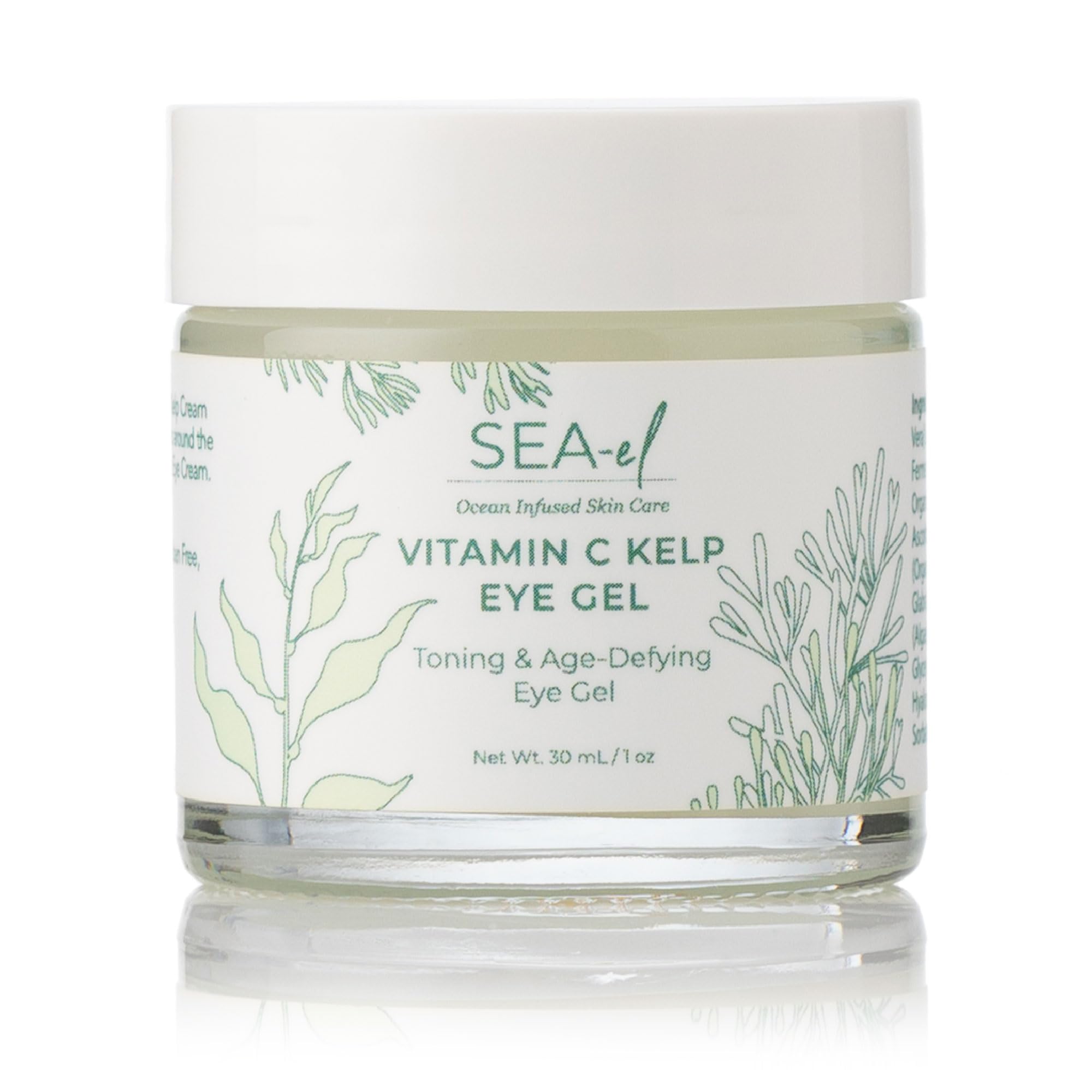 1 oz jar of Sea-el Vitamin C Kelp Eye Gel, a clear cooling gel for firming and brightening the under-eye area.