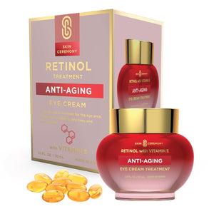Skin Ceremony Retinol & Vitamin E Eye Cream bottle, featuring a dermatologist-tested Korean formula for anti-aging and hydration.