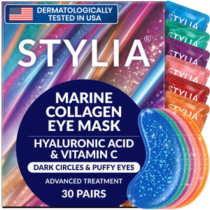 Box of 30 pairs of Stylia gold-tone Collagen and Vitamin C under-eye patches, designed for a bright and refreshed look.