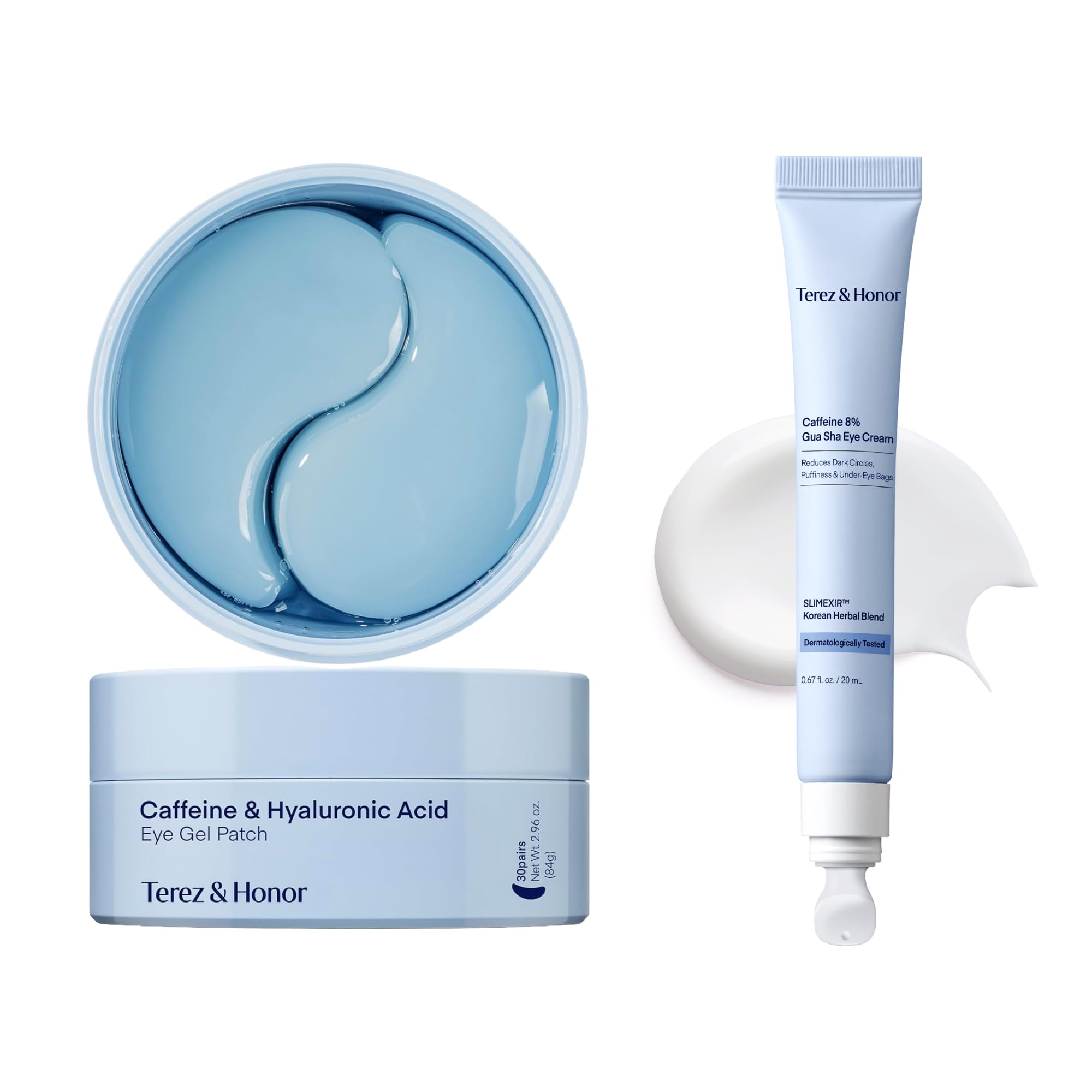 TEREZ & HONOR Eye Care Kit containing a jar of 60 eye patches and a tube of 8% Caffeine Eye Cream