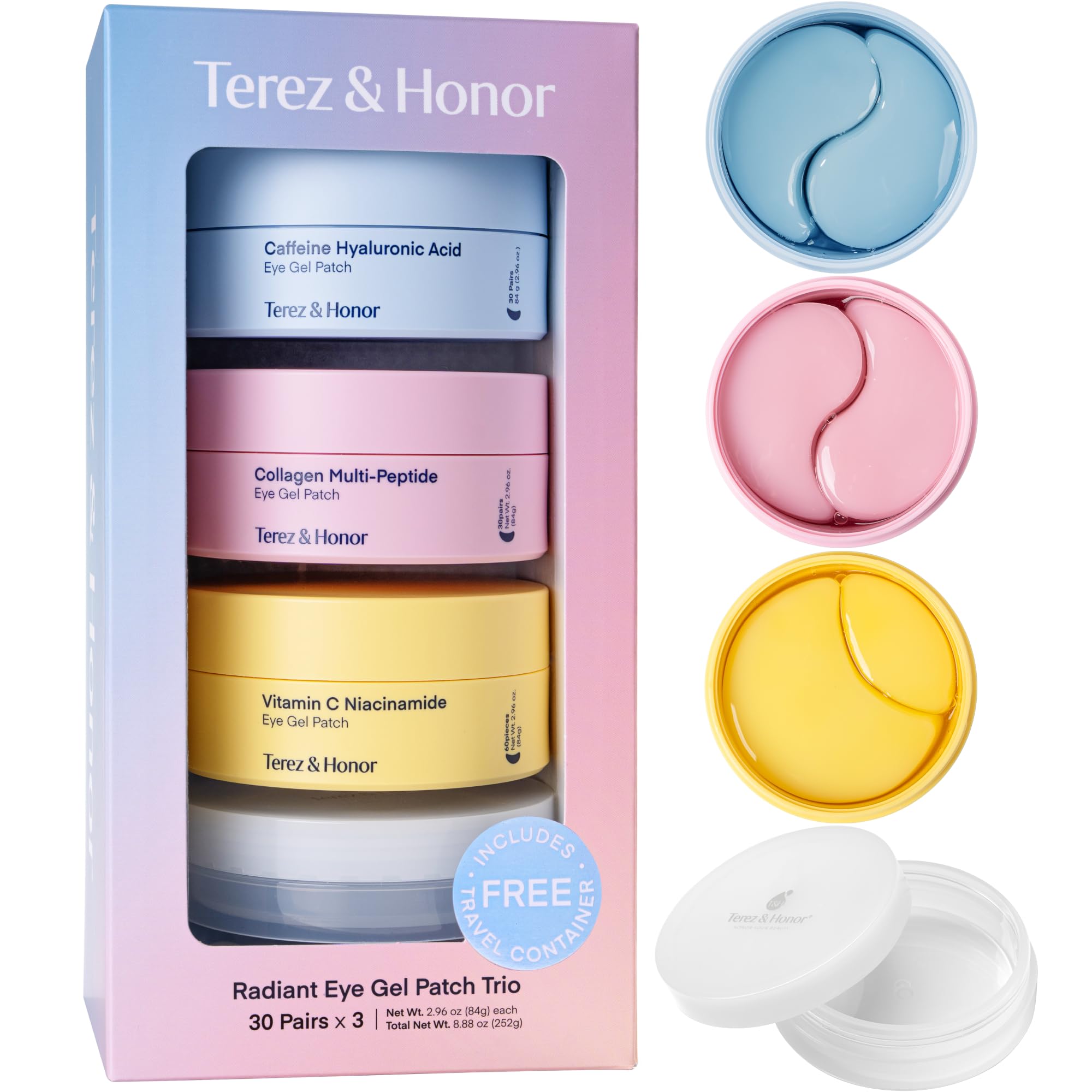 TEREZ & HONOR 3-Pack Eye Patch Gift Set with Caffeine, Collagen, and Vitamin C Jars plus Luxury Travel Case