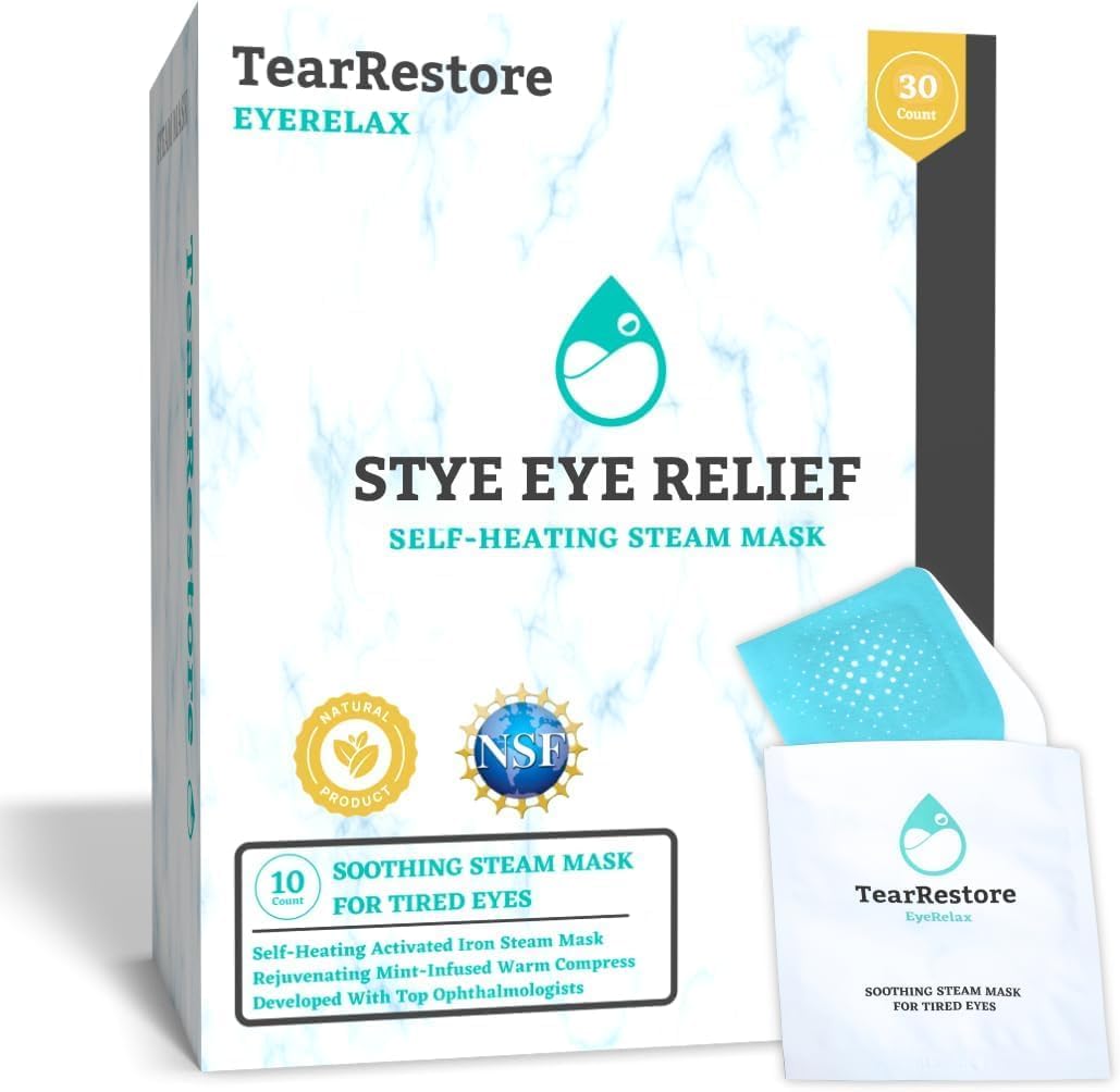 TearRestore EyeRelax self-heating warm compress eye mask for relieving dry eyes and styes.
