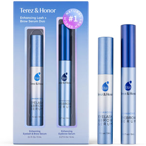 Terez & Honor Advanced Enhancing Eyelash and Eyebrow Serum Duo Pack showing two elegant serum tubes.
