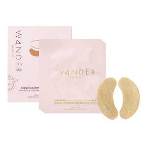 Wander Beauty Baggage Claim Gold Foil Under Eye Patches, featuring 6 pairs of luxury gold foil masks for a professional depuffing and brightening effect.