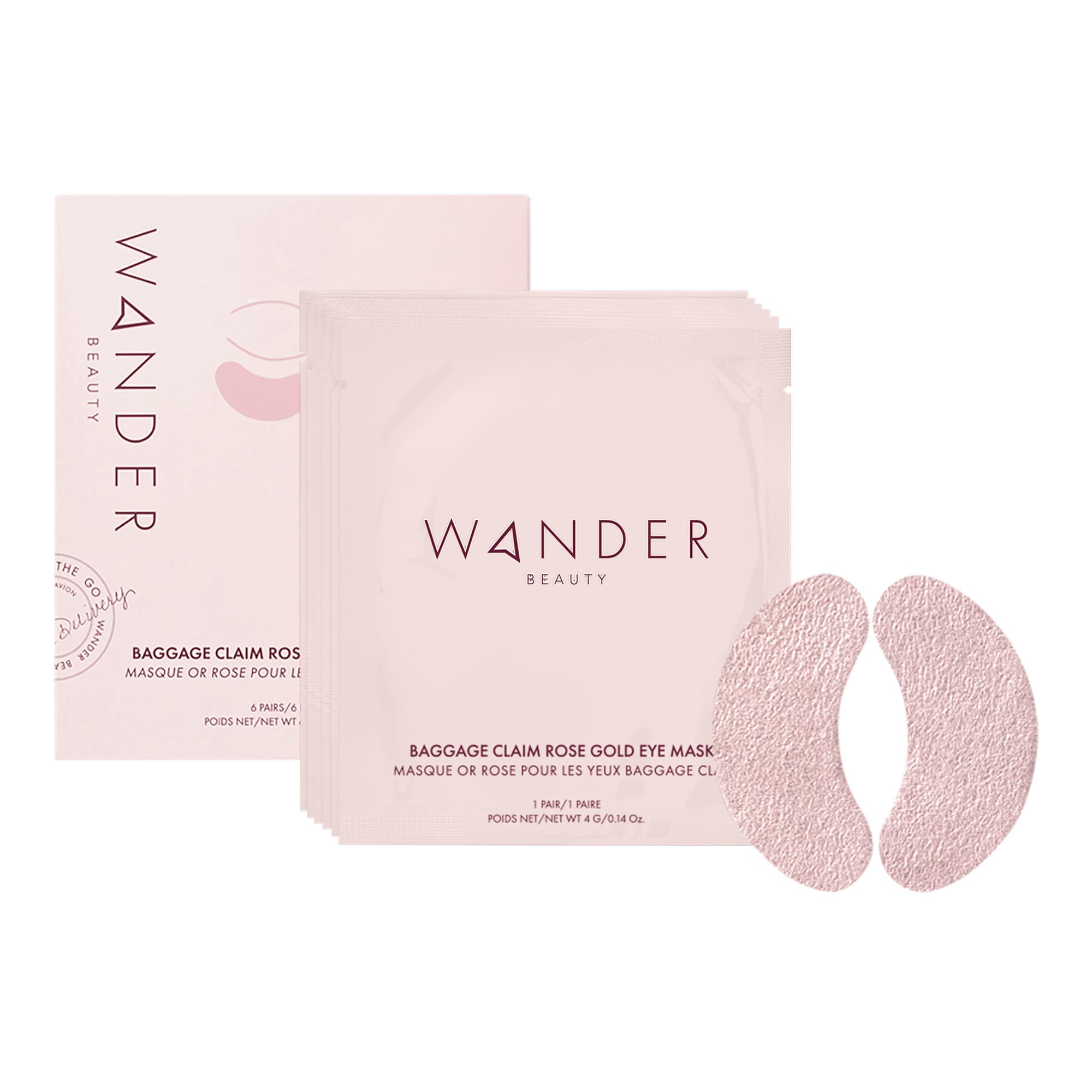Wander Beauty Baggage Claim Rose Gold Foil Eye Masks, 6 pairs of stylish foil patches for instant eye brightening and depuffing.