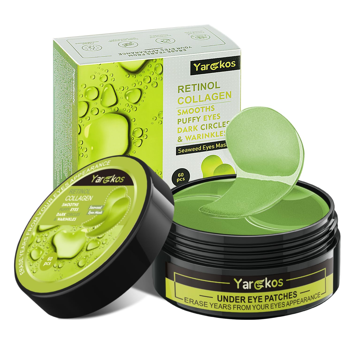 A jar of 60 Yargkos Green Under Eye Patches, featuring a soothing green tea and collagen formula for depuffing and hydration.