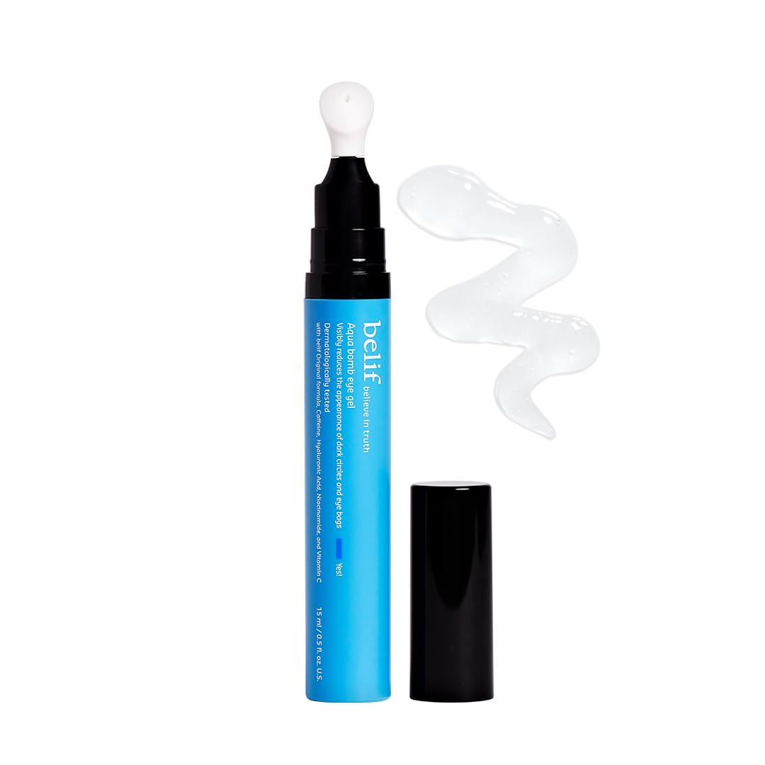 belif Aqua Bomb Cooling Eye Gel 15ml tube – a lightweight blue gel for hydrating and depuffing the eye area.